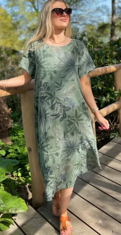 Babette kjole vidde og motiv af blade khaki LikeLondon