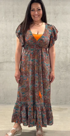 Calinah silkekjole med v-udskæring og bindebånd orange LikeLondon by Christina