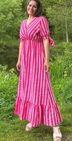 Camilla kjole med striber og bindebånd ved ærmerne pink LikeLondon By Christina