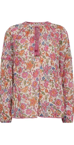 Carin bluse med blomsterprint og snøre Off-white w. Fuchsia Freequent