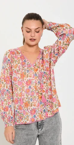 Carin bluse med blomsterprint og snøre Off-white w. Fuchsia Freequent