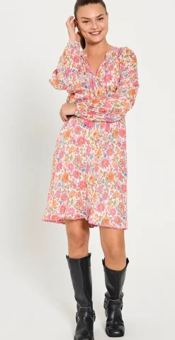Carin kjole med blomsterprint og snøre Off-white w. Fuchsia Freequent