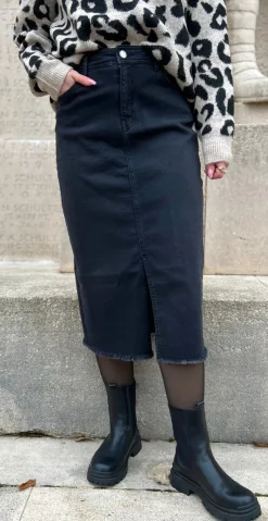 Denimnederdel med slids mørk grå