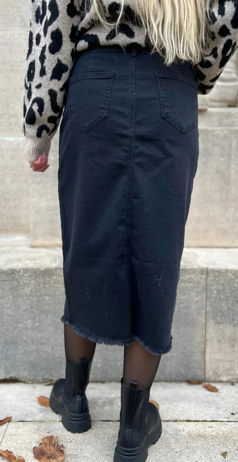 Denimnederdel med slids mørk grå