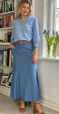 Devine nederdel med træknap og lynlås medium jeans LikeLondon