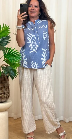 Dorota top med knapstolpe og print denim LikeLondon