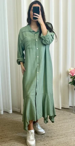 Erna kjole med brystlomme og peplum khaki LikeLondon