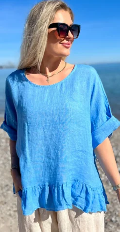 Freja hørbluse med peplum blå LikeLondon