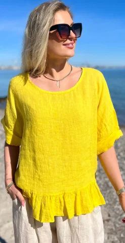 Freja hørbluse med peplum sennep LikeLondon