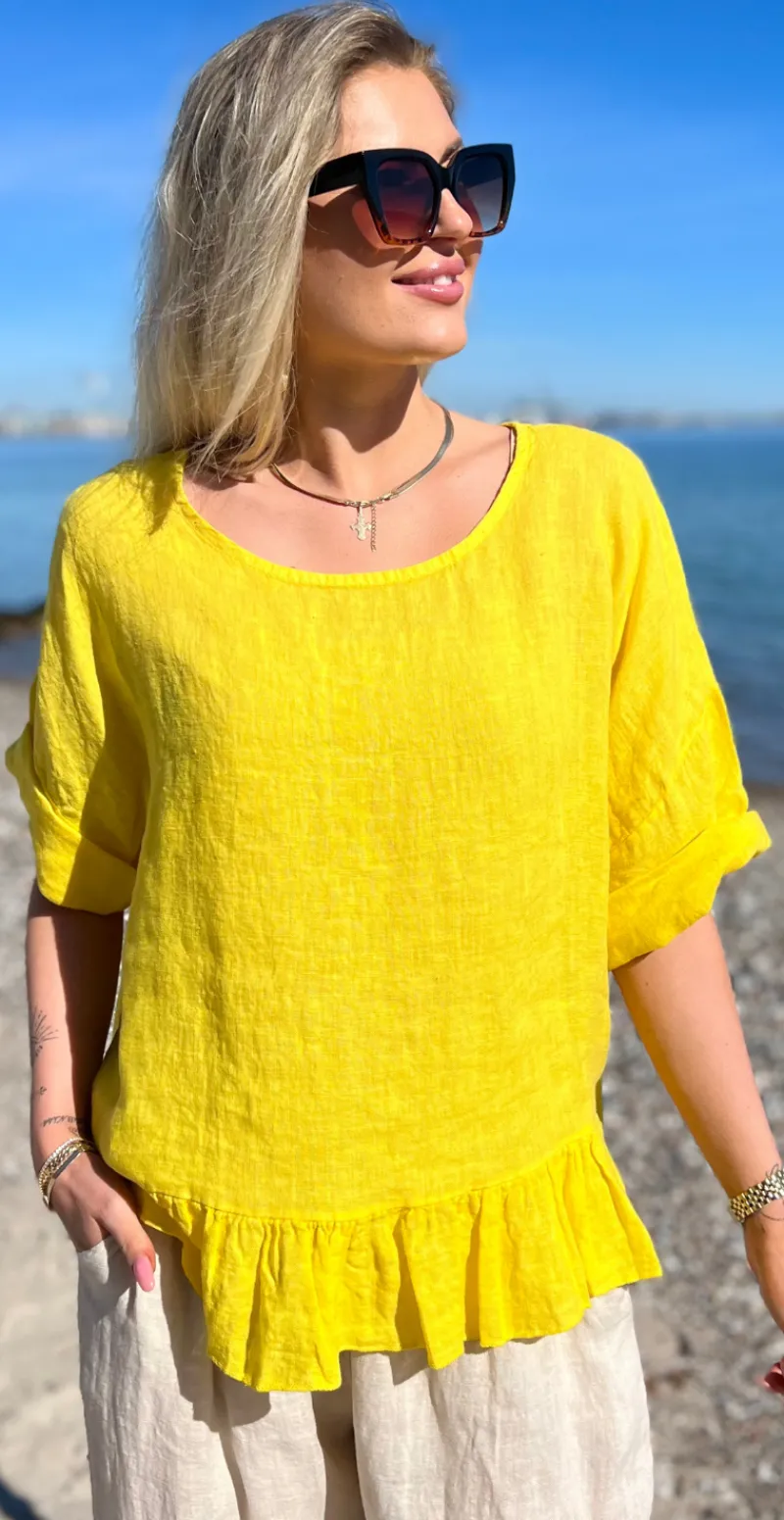 Freja hørbluse med peplum sennep LikeLondon