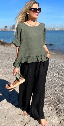 Freja hørbluse med peplum khaki LikeLondon