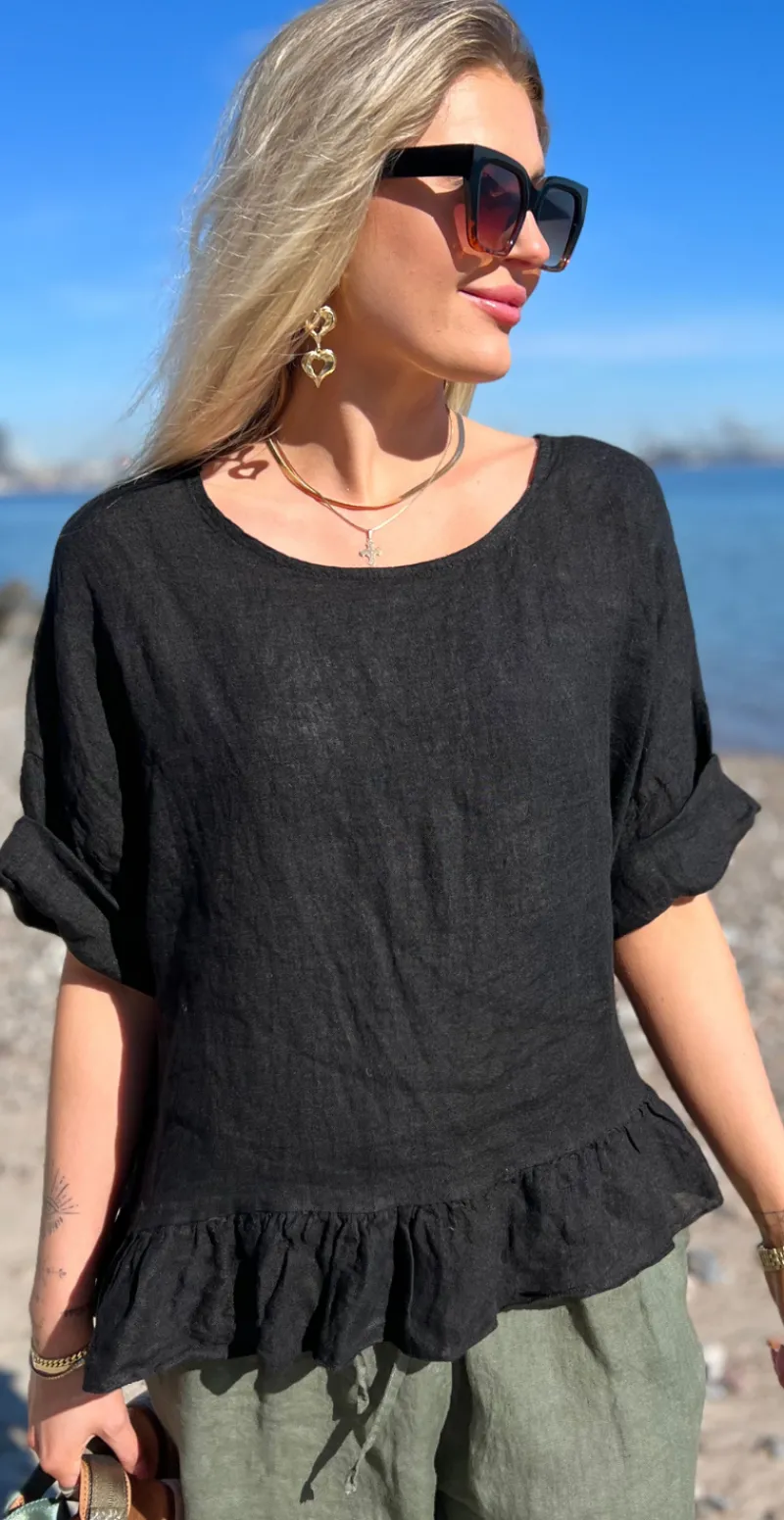 Freja hørbluse med peplum sort LikeLondon