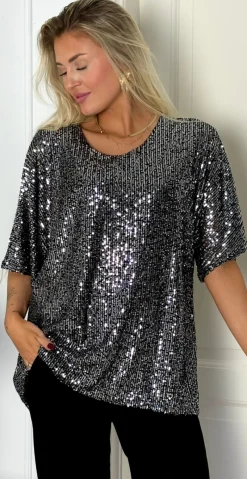 Gemma bluse med pailletter sort/sølv LikeLondon