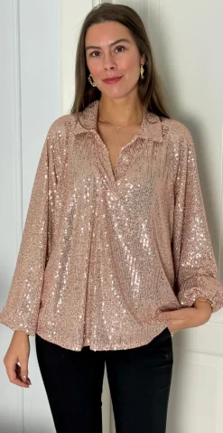 Gemma skjortebluse med pailletter champagne LikeLondon