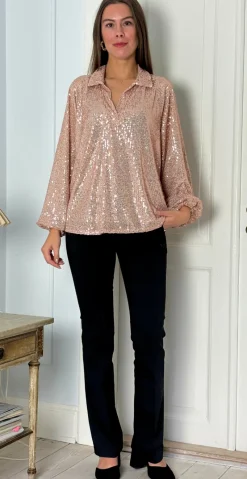 Gemma skjortebluse med pailletter champagne LikeLondon