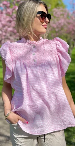 Gypsy ternet bluse med smock og flæseærmer lyserød LikeLondon