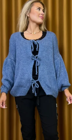 Harper strik cardigan med bindebånd denim LikeLondon