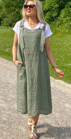 Hilda spencer kjole i hør med træknapper og lommer khaki LikeLondon