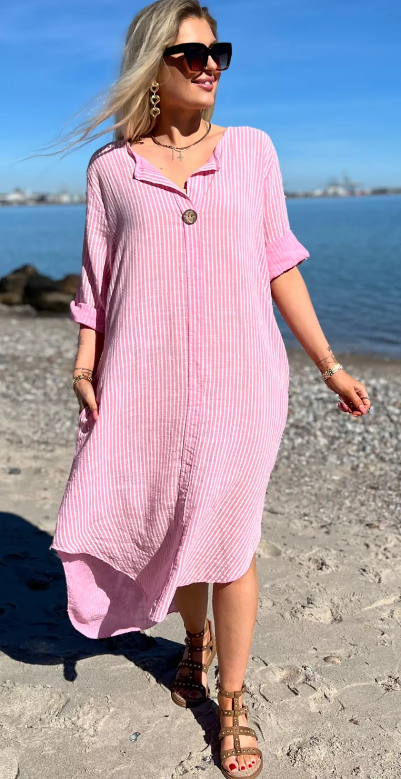 Ibi stribet kjole med lommer og træknap pink LikeLondon