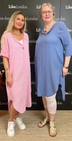 Ibi stribet kjole med lommer og træknap pink LikeLondon