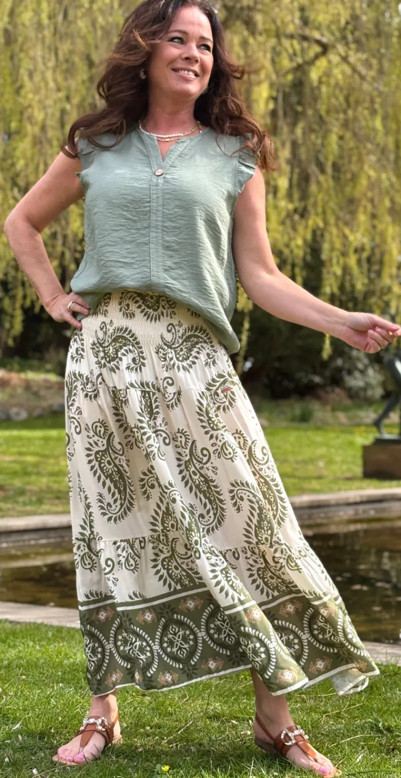 Jackie nederdel med paisley print khaki LikeLondon