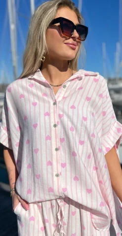 Kamille bluse med striber og hjerter baby rosa LikeLondon