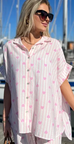Kamille bluse med striber og hjerter baby rosa LikeLondon