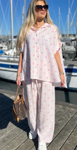 Kamille bluse med striber og hjerter baby rosa LikeLondon