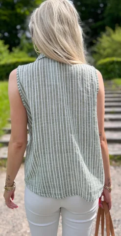 Kelsie bluse med striber, knapper og krave khaki LikeLondon