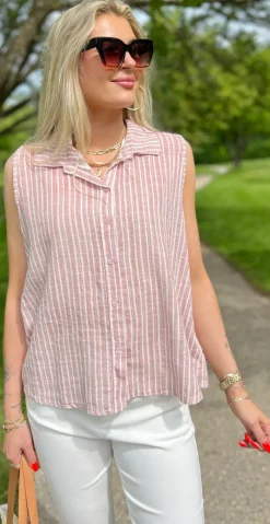 Kelsie bluse med striber, knapper og krave rosa LikeLondon