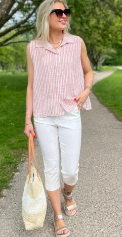 Kelsie bluse med striber, knapper og krave rosa LikeLondon