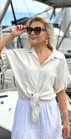 Kylie bluse med bindebånd beige LikeLondon
