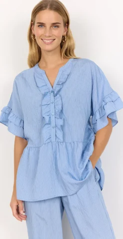 Laica bluse med flæsedetalje og striber blå