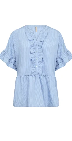 Laica bluse med flæsedetalje og striber blå