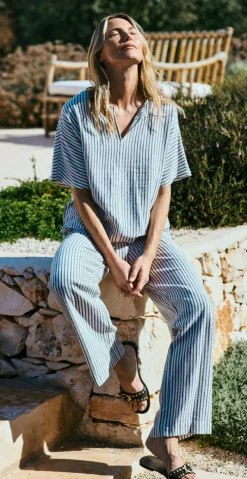 Lavisco hørbukser med lommer og bindebånd offwhite w. navy