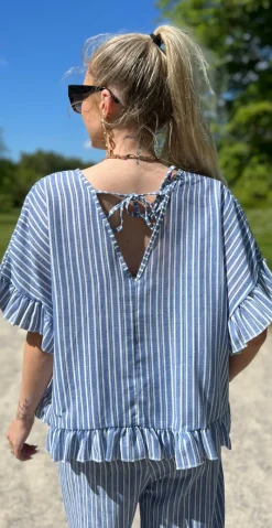 Leonora bluse med striber og bindebånd på ryggen denim LikeLondon