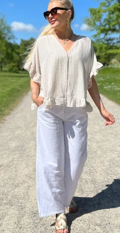 Leonora bluse med striber og bindebånd på ryggen beige LikeLondon