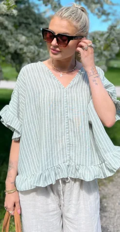 Leonora bluse med striber og bindebånd på ryggen khaki LikeLondon