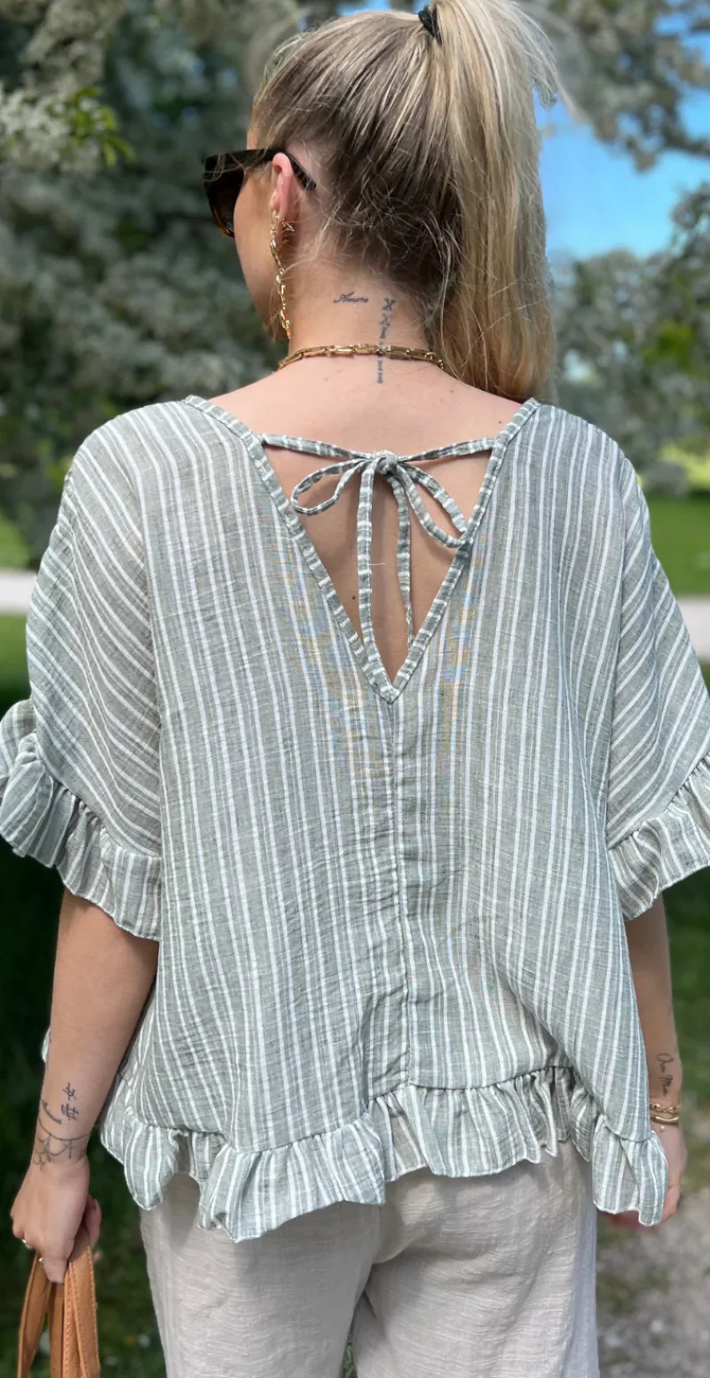 Leonora bluse med striber og bindebånd på ryggen khaki LikeLondon