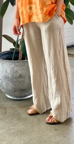 Lilli hørbukser med lommer og elastik i taljen beige LikeLondon