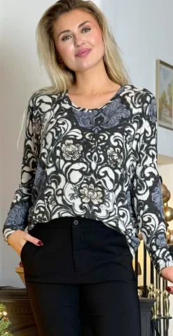 Lise bluse med blomstermønster grå og creme