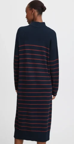 Lissy strikkjole med rullekrave navy med striber