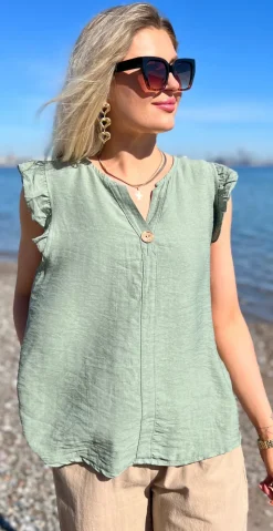 Lotus bluse med flæse detaljer khaki LikeLondon