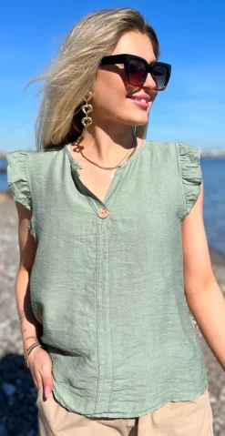 Lotus bluse med flæse detaljer khaki LikeLondon