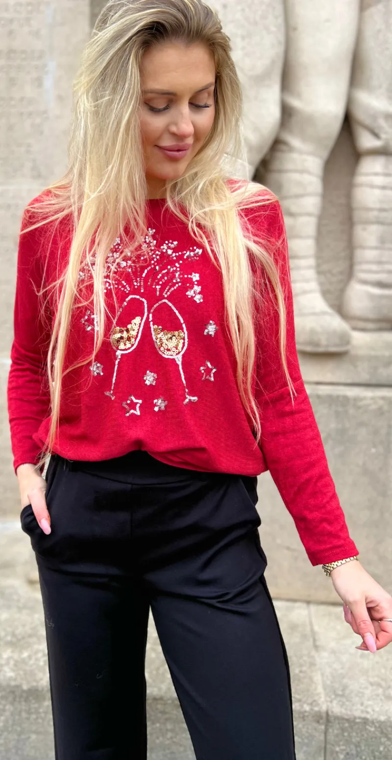 Madelene strikbluse med champagneglas i pailletter rød Likelondon