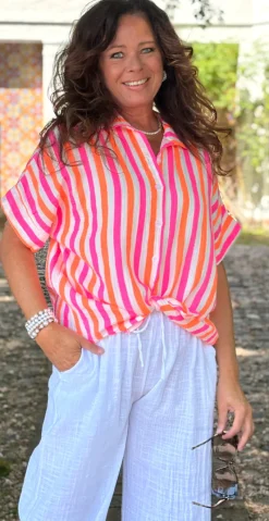 Magnea skjortebluse med striber og krave pink LikeLondon