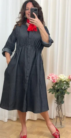 Malay denim kjole med elastik detalje sort