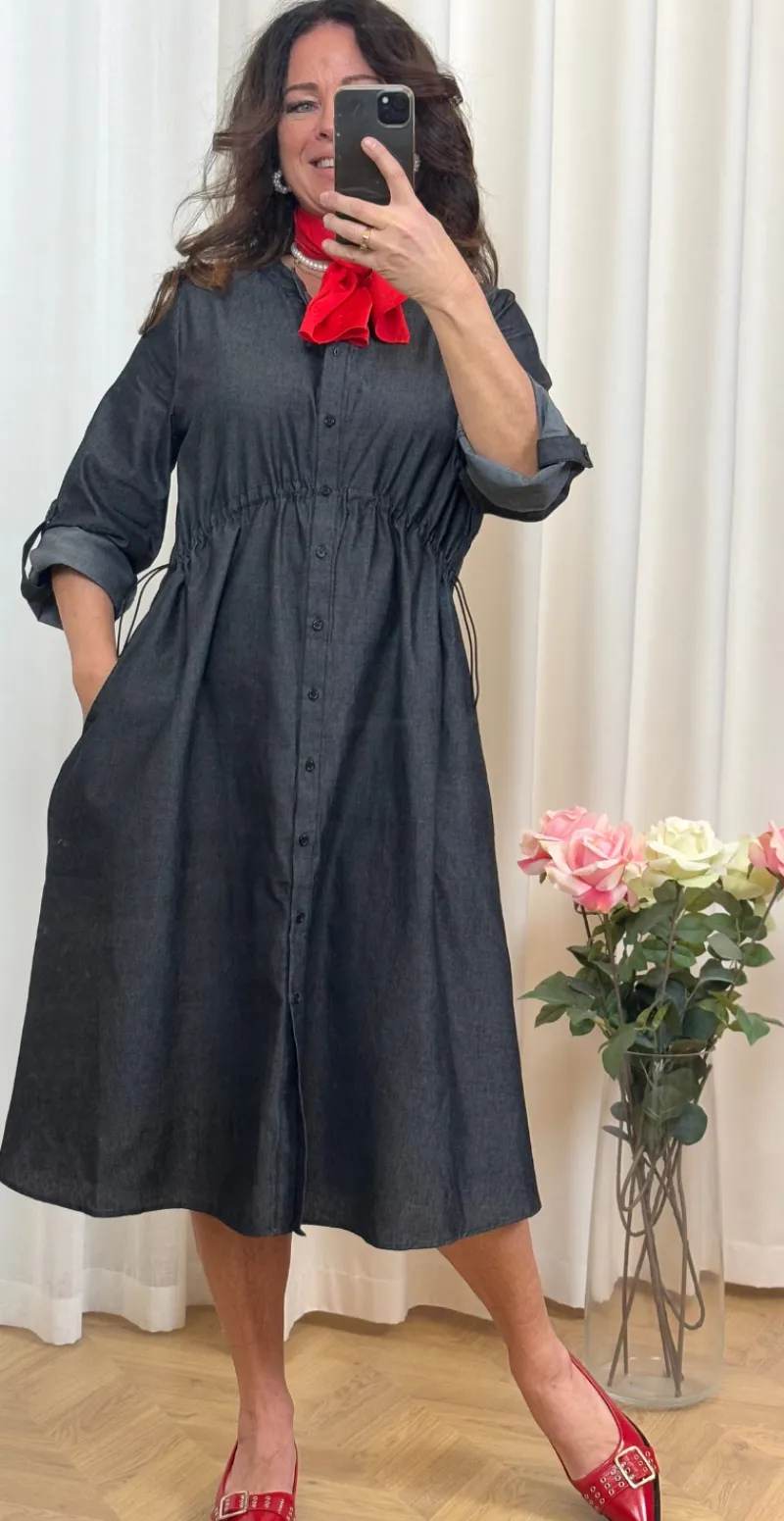 Malay denim kjole med elastik detalje sort