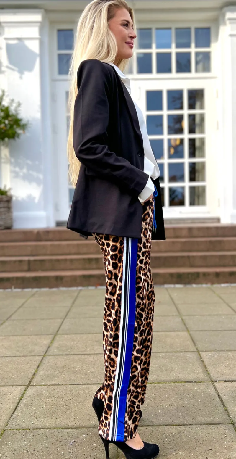 Marina bukser med leoprint og stribe langs siden blå LikeLondon