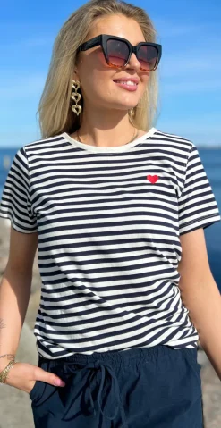 Mian bluse med striber off-white w. navy Freequent
